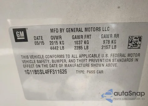 2015 Chevrolet Malibu Ls from USA, damaged, VIN 1G11B5SL4FF311626